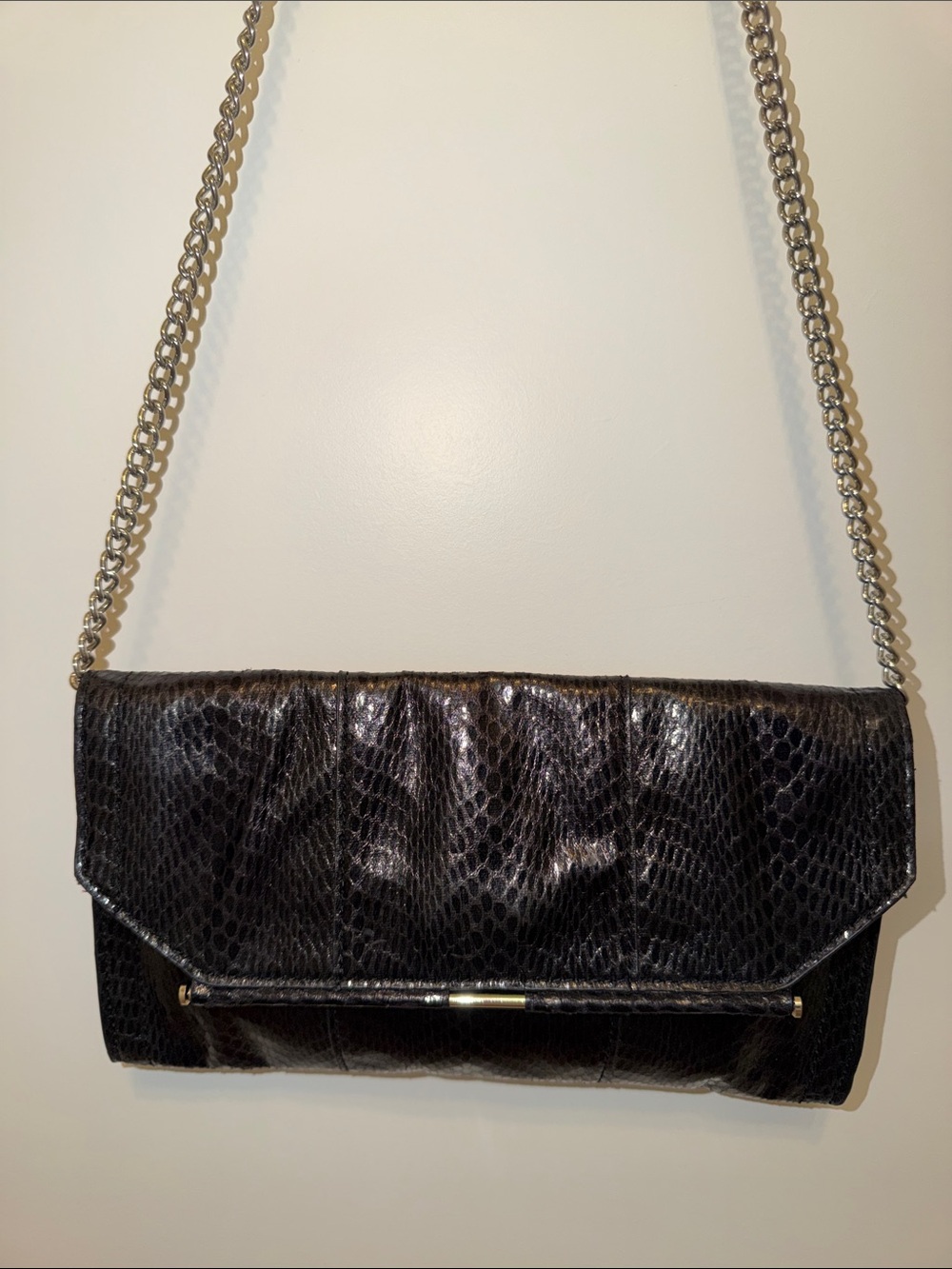Mango Black Snake-Embossed Chain Clutch